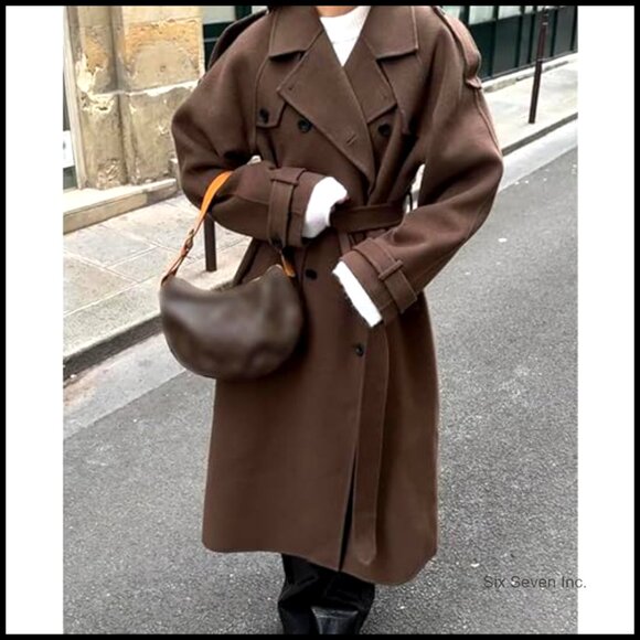 Women's Double Breasted Trench Coat Long Sleeve Loose Fit Belted Pea Coat - Picture 6 of 6